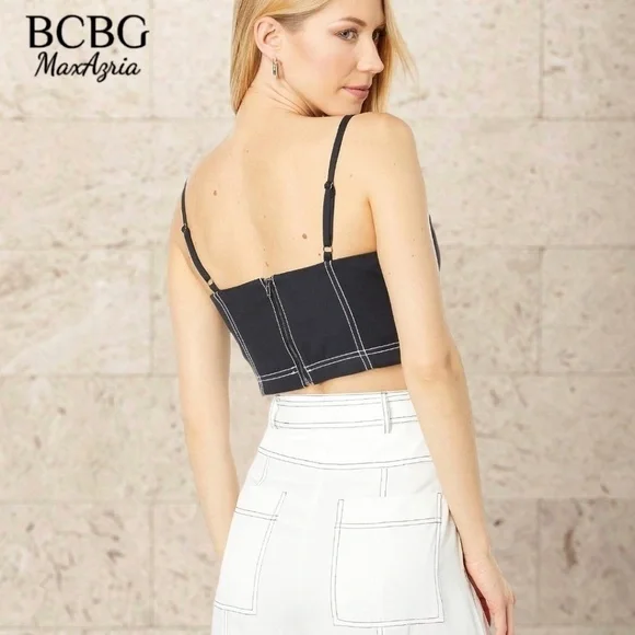 BCBGMAXAZRIA Topstitch Bustier-Style Full Zip Back Crop Top/Dk. Navy/LG NWT
